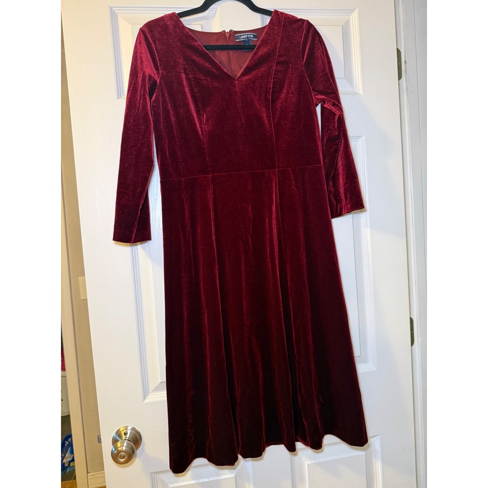 Lands End Dress Womens 6 Red Burgundy Velvet V-Neck A-Line 3/4 Sleeve Cocktail